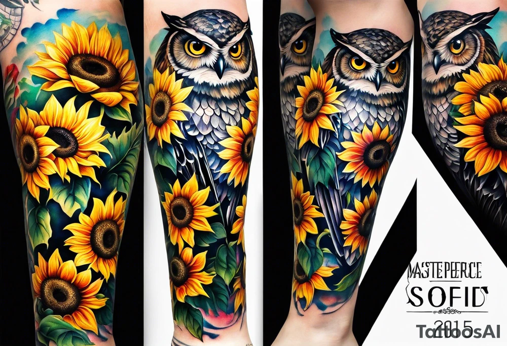 Leg sleeve with colorful sunflowers and an owl tattoo idea
