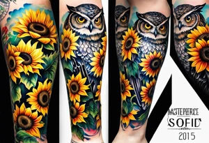Leg sleeve with colorful sunflowers and an owl tattoo idea