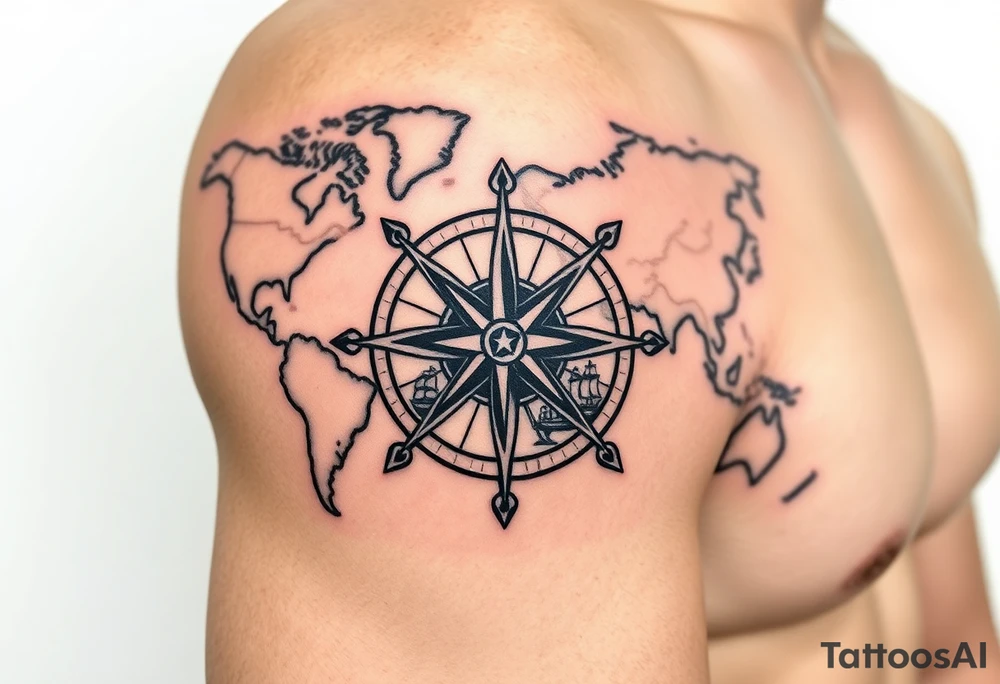 antique compass rose overlaid on weathered world map with sailing ships tattoo idea