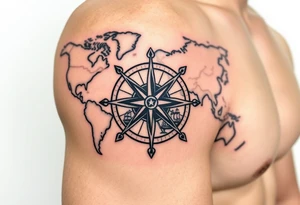 antique compass rose overlaid on weathered world map with sailing ships tattoo idea