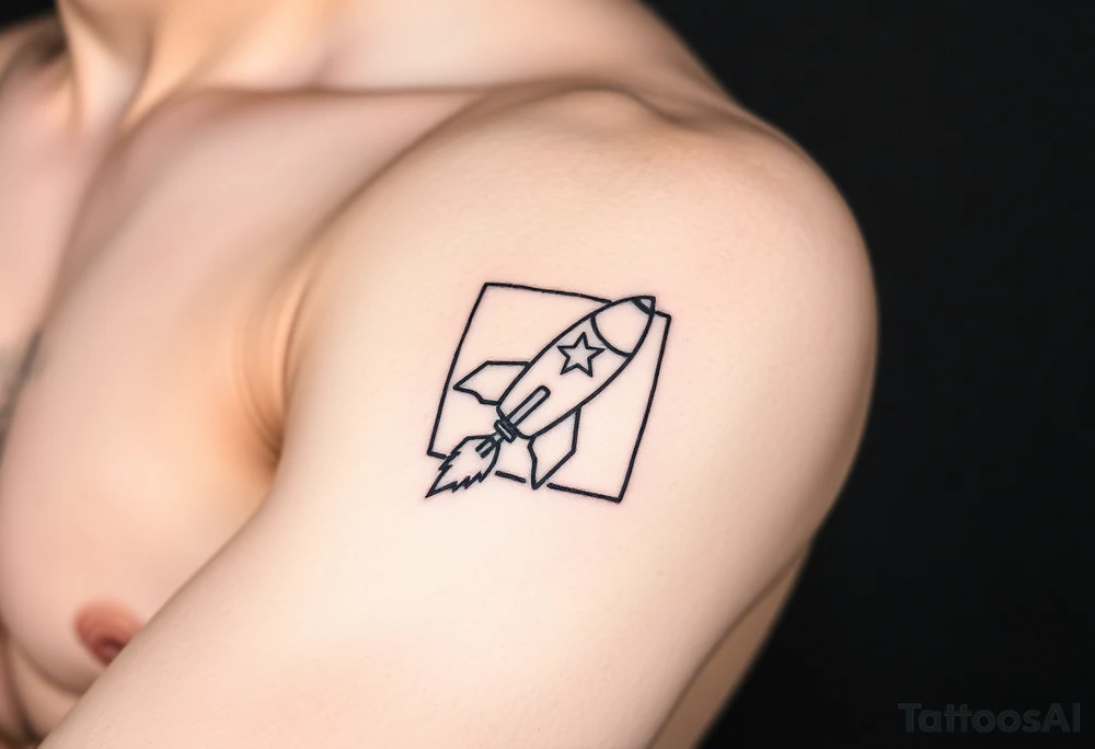 Rocket ship with a twinkling star, inside a black rectangle, shooting out of the rectangle tattoo idea