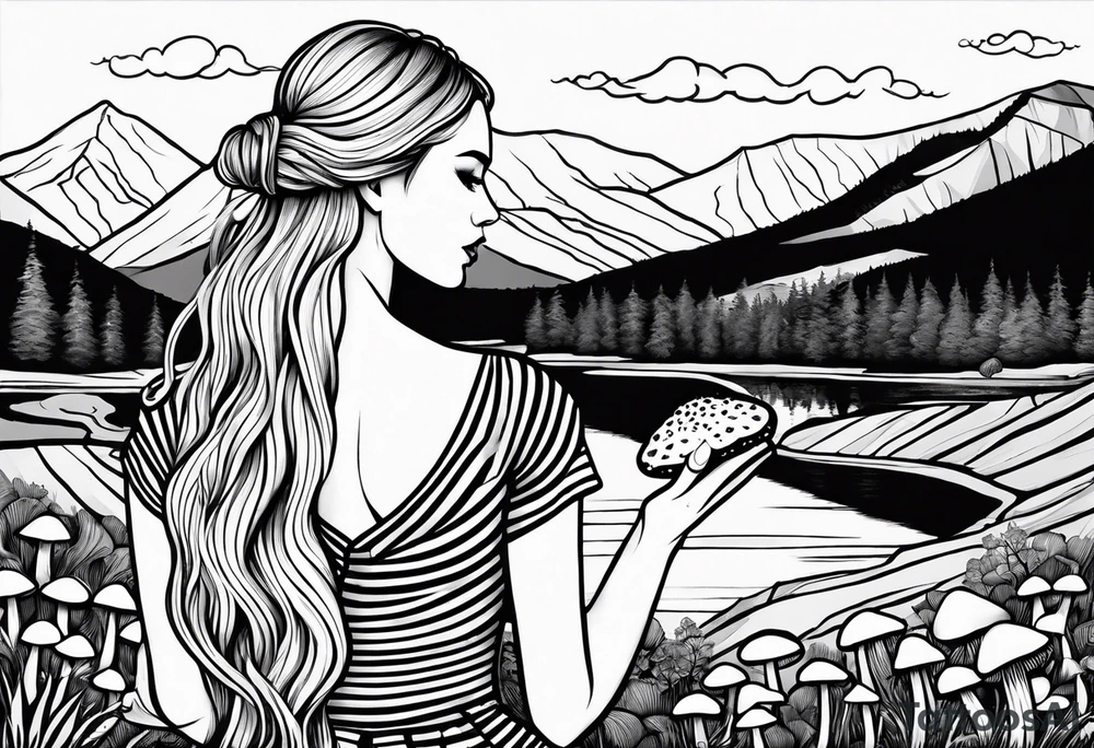 Straight long blonde hair girl in distance holding mushrooms in hand facing away toward mountains and creek surrounded by mushrooms black and white striped dress tattoo idea