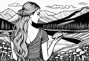 Straight long blonde hair girl in distance holding mushrooms in hand facing away toward mountains and creek surrounded by mushrooms black and white striped dress tattoo idea