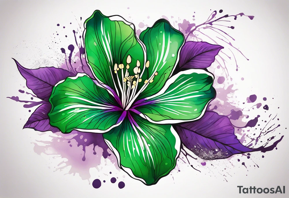 An outline of a green rio dipladenia flower and a green and purple watercolor splash in the background tattoo idea
