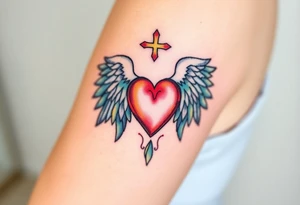 dainty catholic sacred heart with angel wings tattoo idea