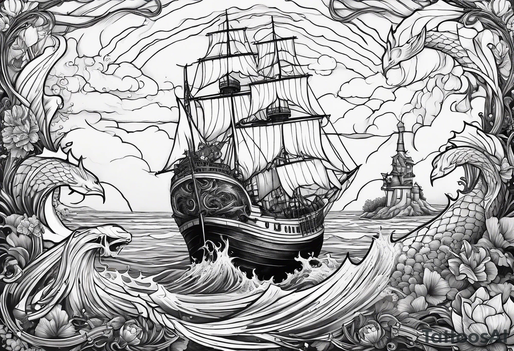 ship sinking with a mermaid on the right holding a rope the mermaid on the left holding a dagger tattoo idea