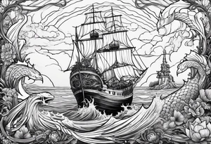 ship sinking with a mermaid on the right holding a rope the mermaid on the left holding a dagger tattoo idea
