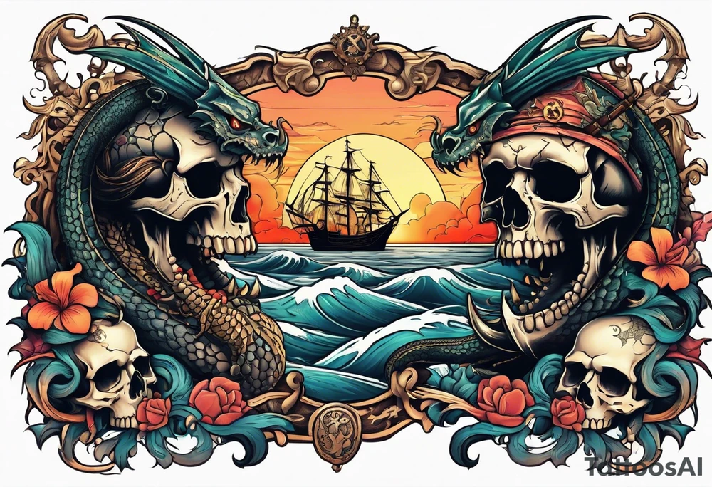 multiple skull pirates together with a sea serpent dragon with a sunset background and sexy wenches tattoo idea