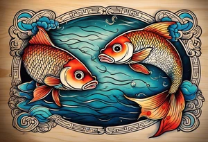 Beautiful coy pisces fish swimming in opposite directions but weighed on the scale of a Libra scale that's balanced out and made of tittered wood tattoo idea