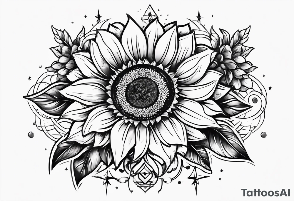 elegant tattoo design with sunflower surrounded by circle of little stars and arrow tattoo idea