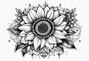 elegant tattoo design with sunflower surrounded by circle of little stars and arrow tattoo idea