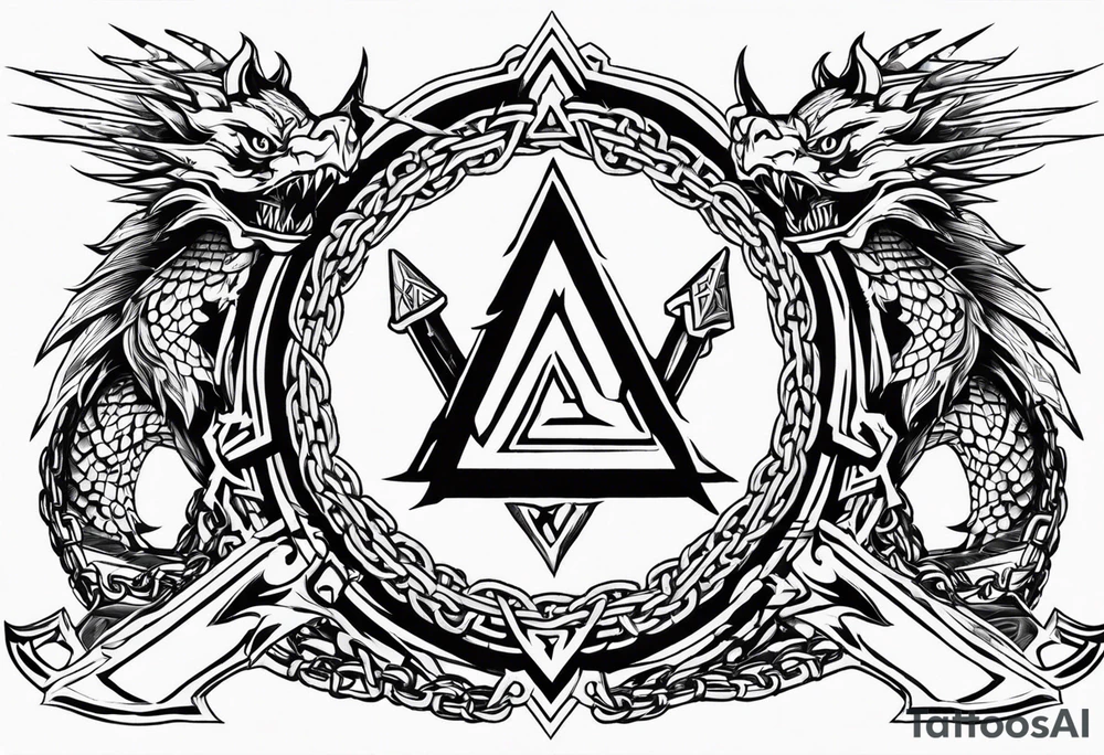 Valhalla sword shield axe barbed wire chains valknut fire dragon tattoo idea Valhalla sword shield axe barbed wire chains valknut fire dragon tattoo idea