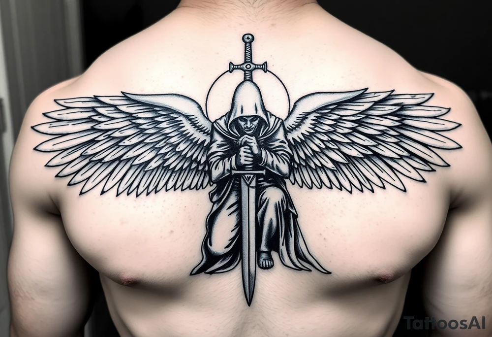 Soldier Angel with long sword kneeling looking down cloak over head wings spread tattoo idea, upper chest tattoo idea