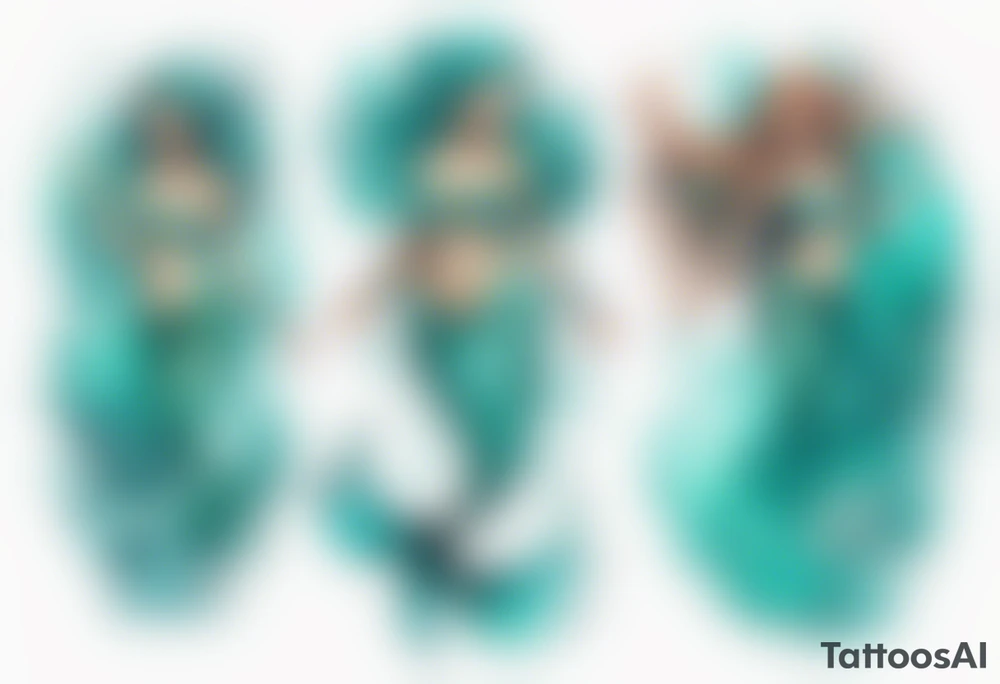 a turquoise mermaid standing in the sea surrounded by crashing waves tattoo idea