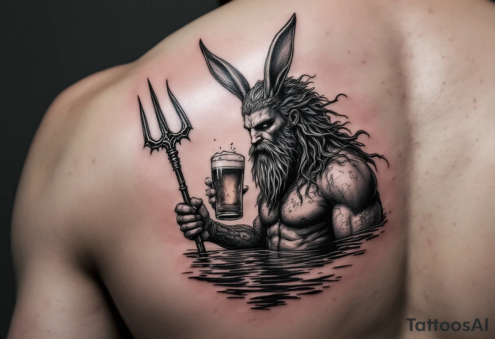 poseidon with trident half way in calm water with a beer and bunny ears tattoo idea