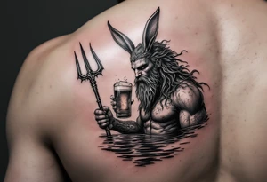 poseidon with trident half way in calm water with a beer and bunny ears tattoo idea