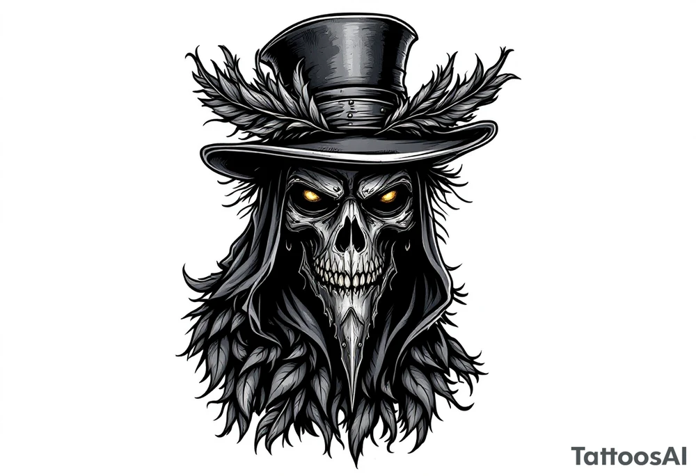 Plague Doctor with Crow Feathers – A mysterious doctor with crow feathers woven into the edges of the hat and cloak. The mask is dark gray with weathered metal detailing, and the eyes reflect dim light from a distant source. tattoo idea