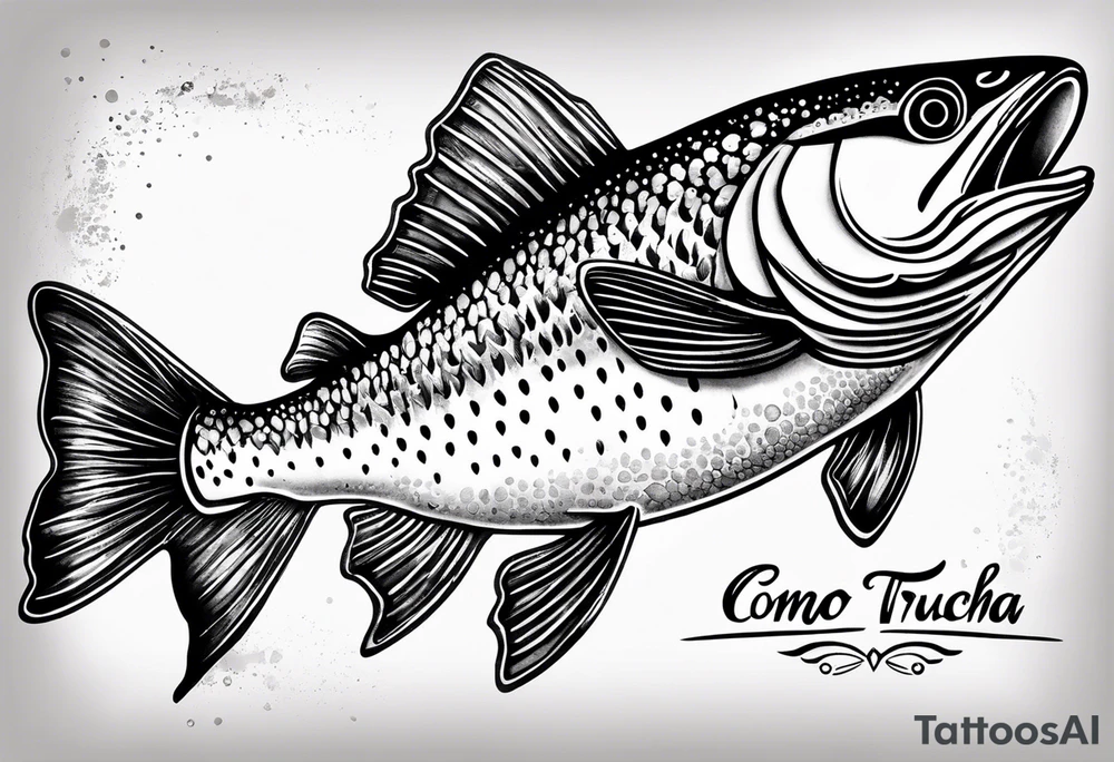 A shaded trout with text that says, 'Como la trucha...' tattoo idea