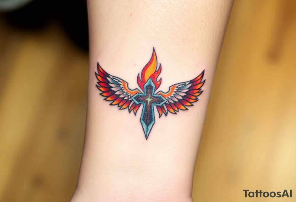 A flaming cross with phoenix wings, colored in shades of red, orange, and yellow, symbolizing rebirth tattoo idea