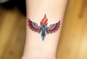 A flaming cross with phoenix wings, colored in shades of red, orange, and yellow, symbolizing rebirth tattoo idea