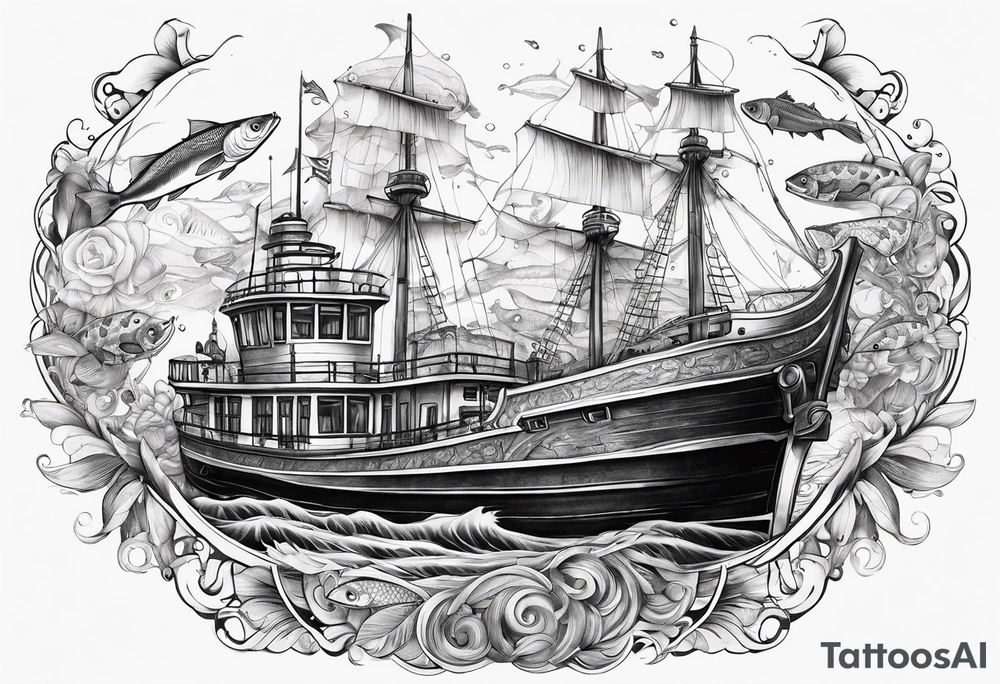 Big boat and fish tattoo idea