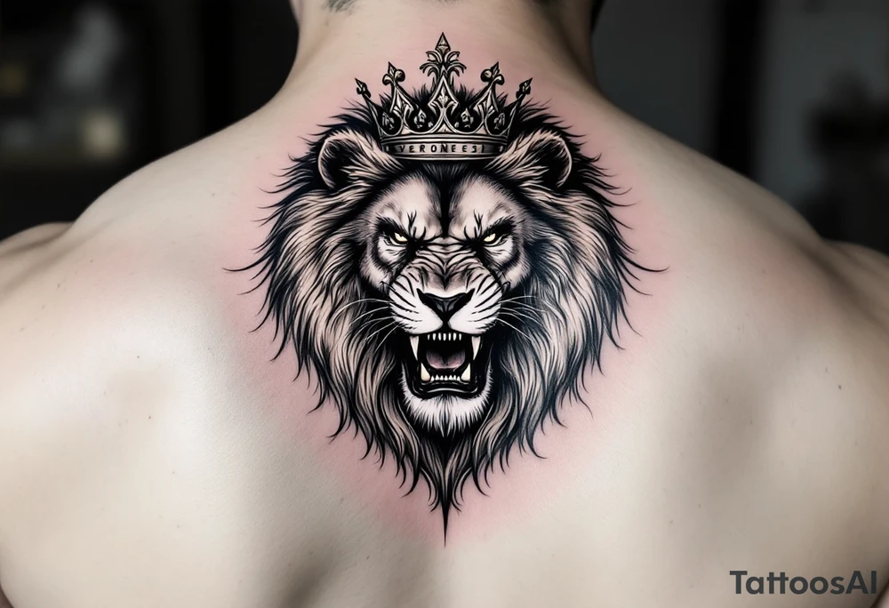 Realistic angriest lion with whole body with crown and "VERONESI" name add on it tattoo idea