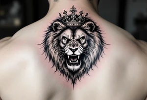 Realistic angriest lion with whole body with crown and "VERONESI" name add on it tattoo idea