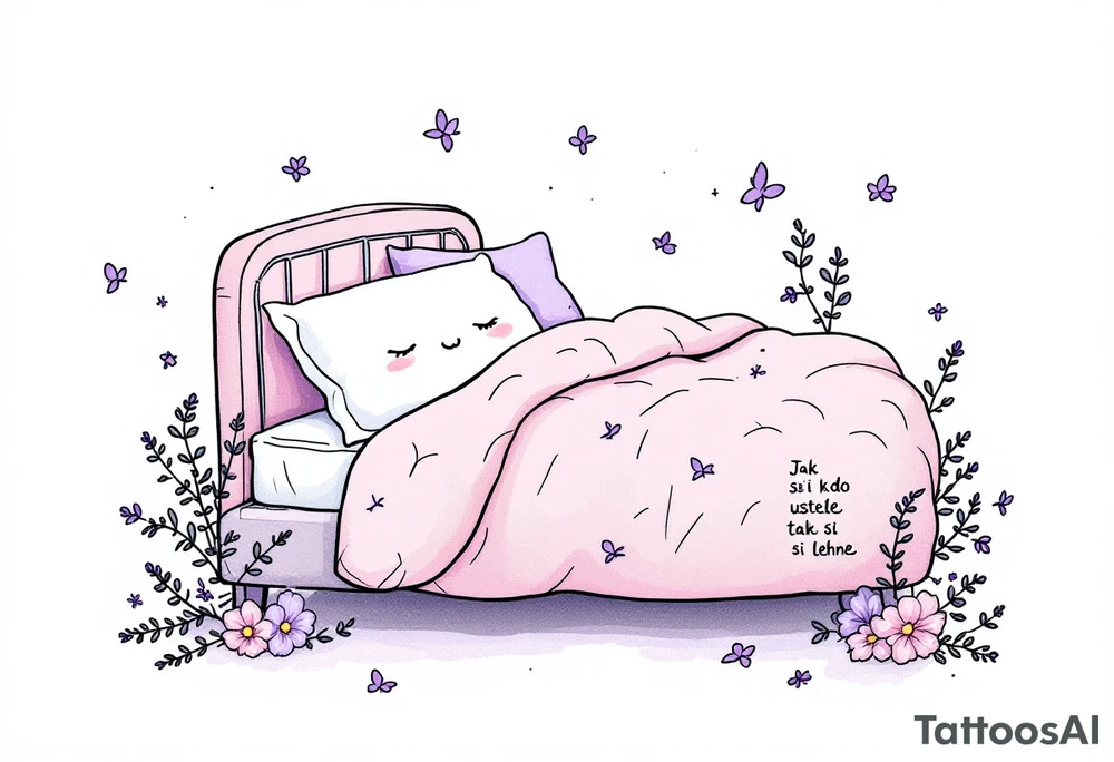 "Jak si kdo ustele, tak si lehne." — A cozy bed drawn in fine black linework, surrounded by delicate lavender accents and the quote on a pillow tag. tattoo idea