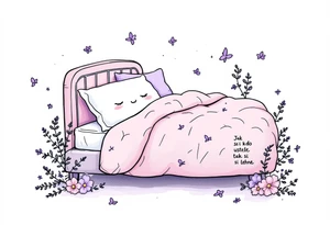 "Jak si kdo ustele, tak si lehne." — A cozy bed drawn in fine black linework, surrounded by delicate lavender accents and the quote on a pillow tag. tattoo idea