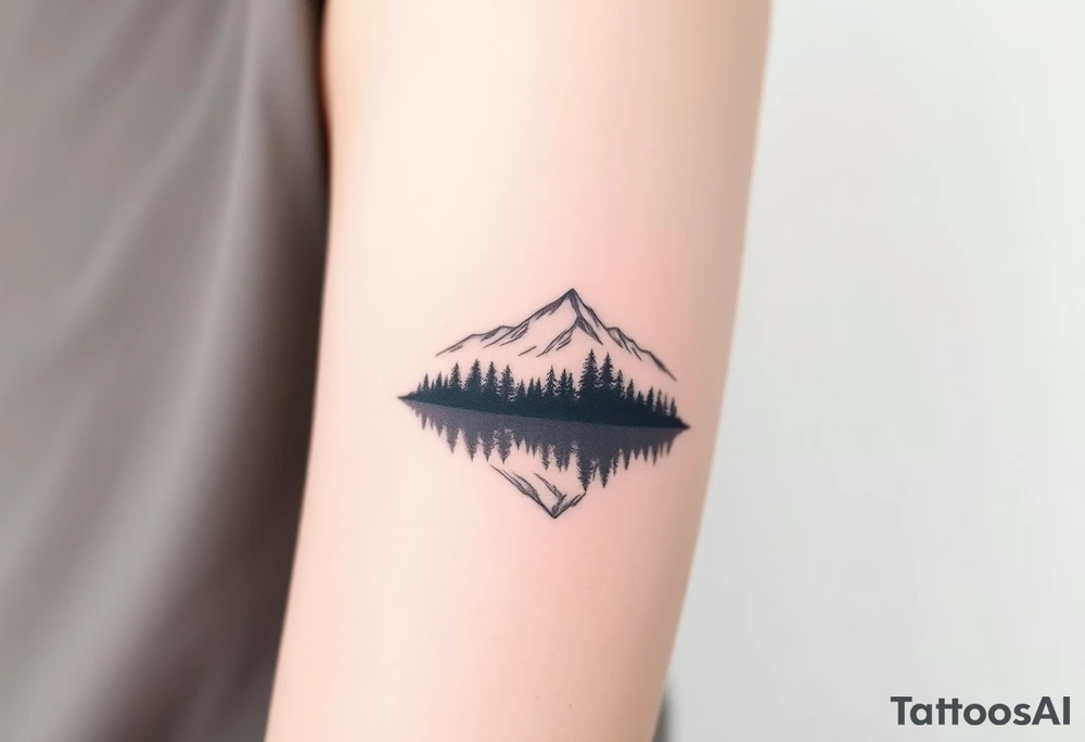 Mountain range above, lake below reflecting a dark, dense forest. Past struggles in reflection, clarity in peaks tattoo idea