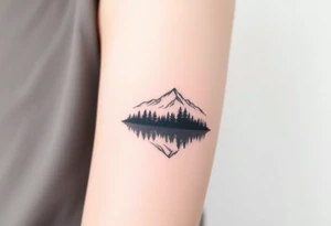 Mountain range above, lake below reflecting a dark, dense forest. Past struggles in reflection, clarity in peaks tattoo idea