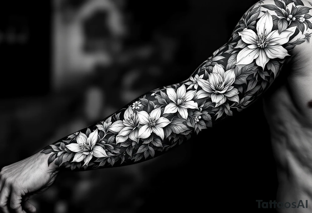 fill hand and up arm with narcissus flowers, holly and jonquil flowers tattoo idea