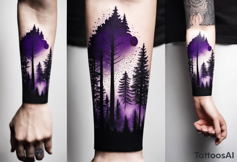 forest, purple and black, covered from wrist to forearm, fully covered, no borders, blackwork tattoo idea