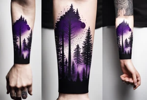 forest, purple and black, covered from wrist to forearm, fully covered, no borders, blackwork tattoo idea