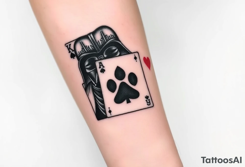 darth vader as the king of spades, paw print as the princess of hearts, joker from batman as the joker, deck of cards tattoo idea