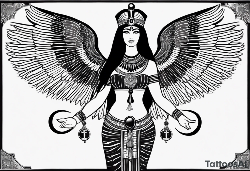 black and white Egyptian goddess Isis, who is often depicted as a woman with outstretched wings, holding an ankh (a symbol of life) in one hand and a lotus flower in the other. Her headdress often includes a throne or a solar disk. The tattoo design can vary in style and size, but it typically aims to capture the essence of this revered Egyptian deity, emphasizing her beauty, power, and maternal qualities. The choice of colors and additional elements can also be customized to create a unique and visually striking representation of the goddess Isis tattoo idea