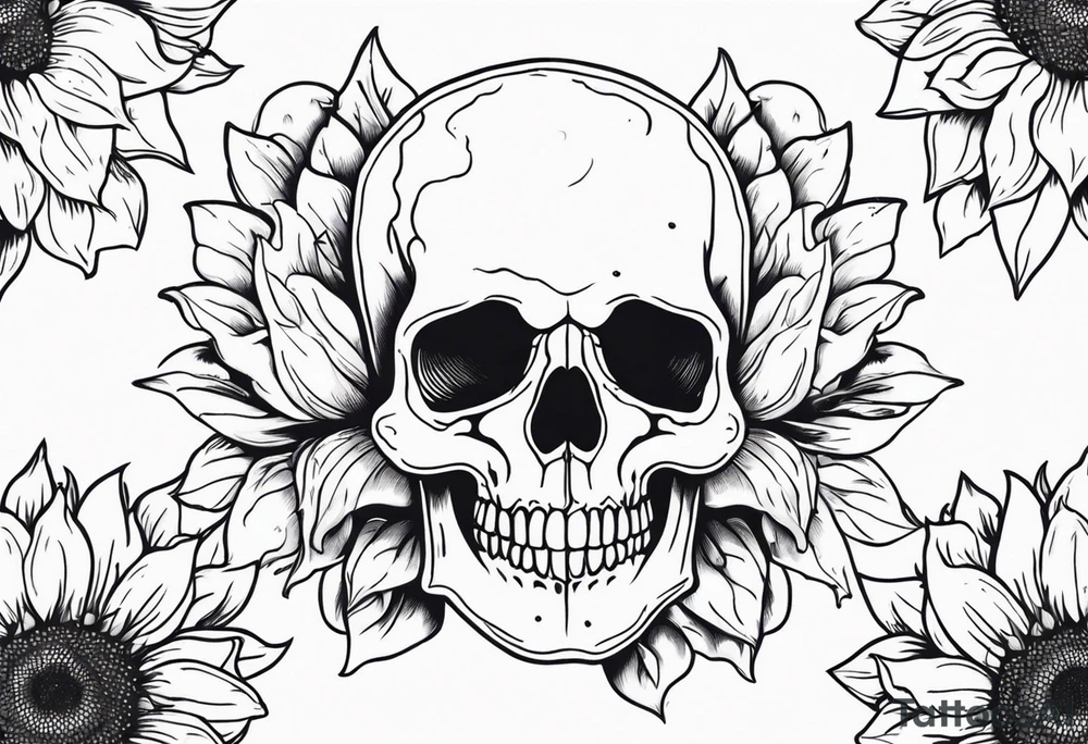 skull surrounded by sunflowers tattoo idea