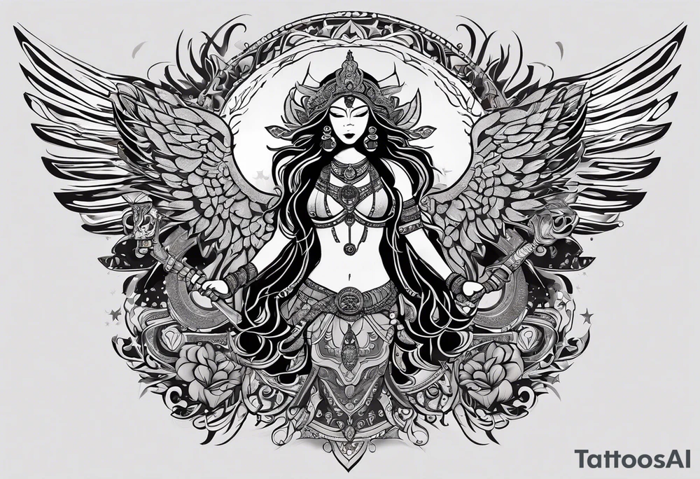 black kali, goddess pirate, alien, angel, pachamama, valkrye, warrior, flying, skull, lotus azul, wing, eagle, zenza resonance, stars, 5D, anahata chakra, death, durga, riding on a tiger, flying lady tattoo idea