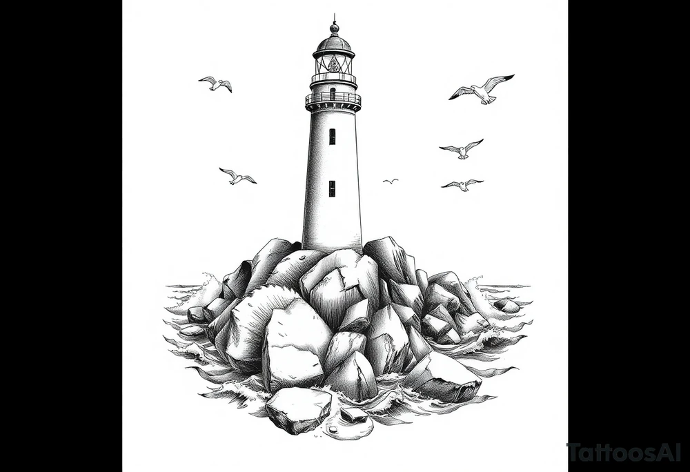 Lighthouse surrounded by a few boulders in the sea with high waves and seagulls flying around tattoo idea