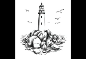 Lighthouse surrounded by a few boulders in the sea with high waves and seagulls flying around tattoo idea