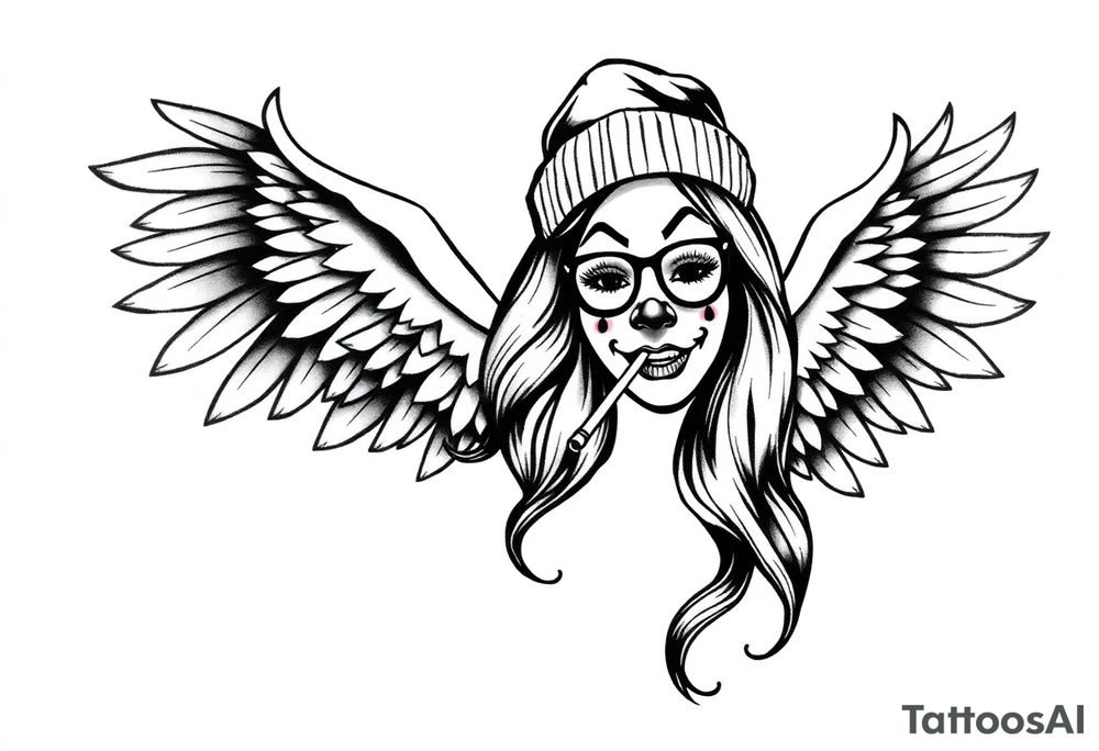 beautiful long hair pin up Clown face Girl payasa  thug beanie eyeglasses  angelic wings smoking a cigarette tattoo idea