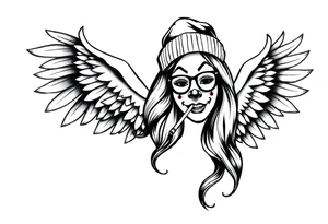 beautiful long hair pin up Clown face Girl payasa  thug beanie eyeglasses  angelic wings smoking a cigarette tattoo idea