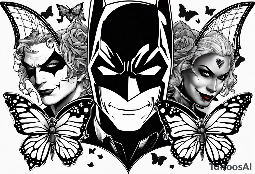 Small Batman and joker with Harley Quinn tattoo with butterflies tattoo idea