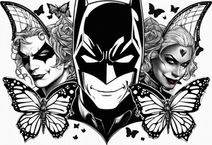 Small Batman and joker with Harley Quinn tattoo with butterflies tattoo idea