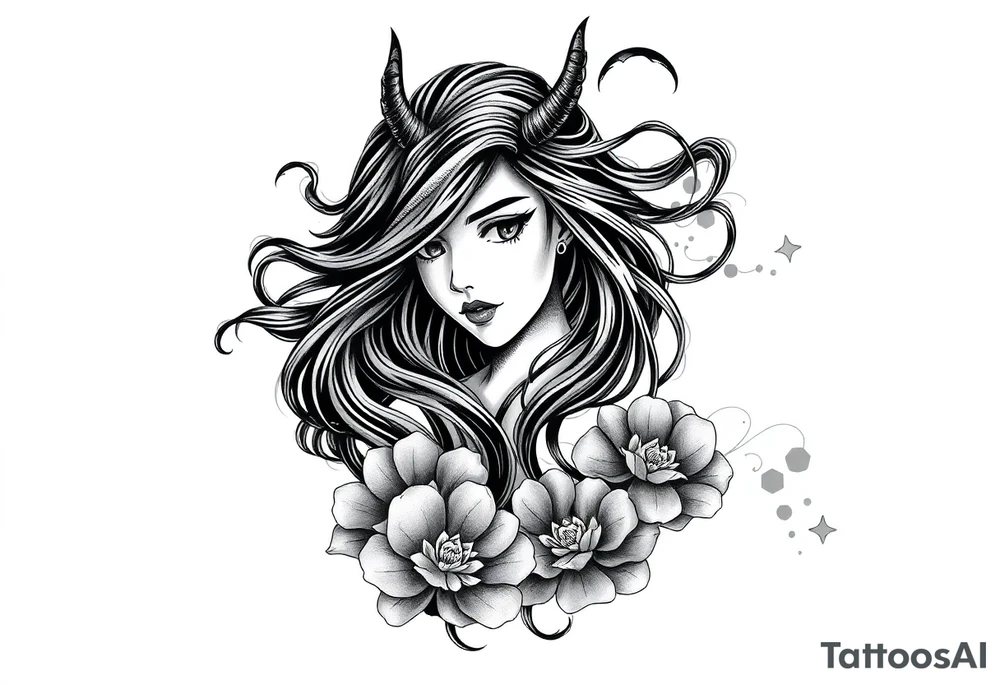 Full sleeve Japanese-inspired tattoo design featuring a beautiful female oni (demon woman) with an elegant, mysterious expression, one hand partially covering her face, long flowing hair integrated into swirling wind and wave patterns, large detailed chrysanthemums and peonies woven through the composition, dynamic negative space with bold black fills and smooth gradients, traditional Japanese cloud and water motifs, high-contrast black and grey with soft shading and sharp linework, balanced composition wrapping around the arm, modern neo-Japanese illustrative style.

– High contrast black and grey
– Neo-Japanese tattoo
– Traditional Japanese motifs
– Sleeve layout design
– Chrysanthemums, peonies, wind bars, waves
– Female oni portrait tattoo idea
