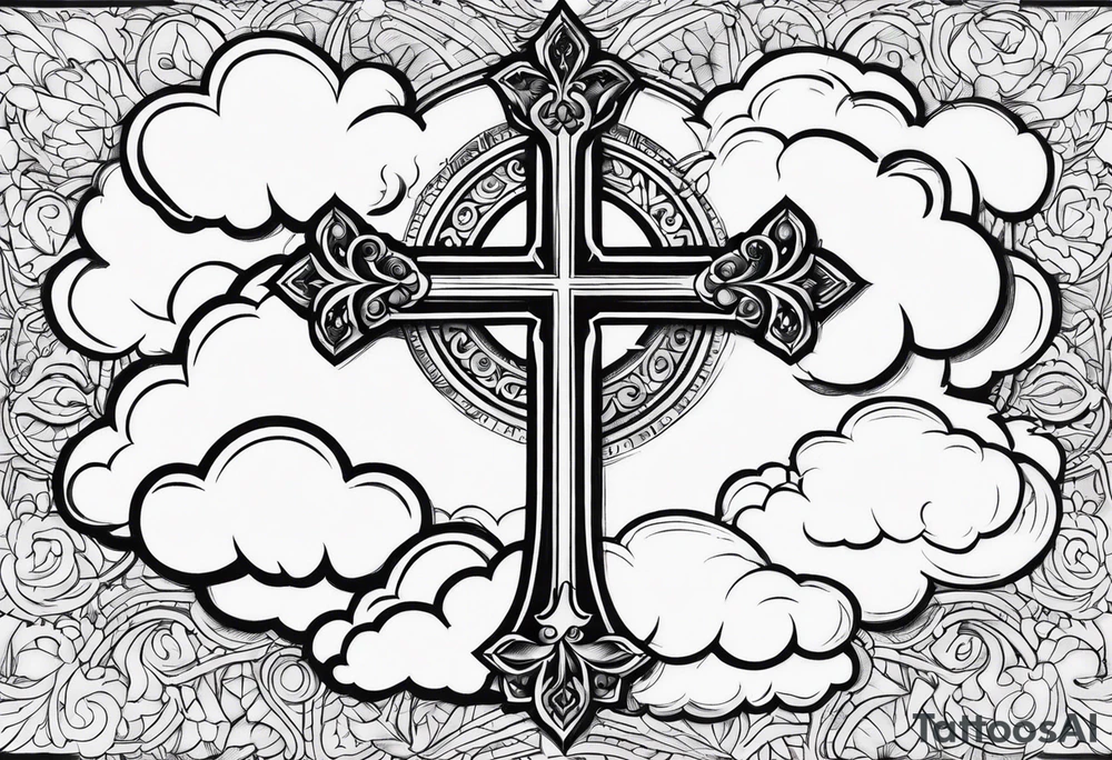 Tattoo stencil of a cross with clouds tattoo idea