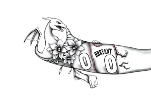 Create an arm tattoo from elbow to shoulder that includes the pokemon charizard, the kobe bryant logo, 1 lily of the valley with 3 daffodils, a tiger, and a basketball jersey with the number 0. tattoo idea