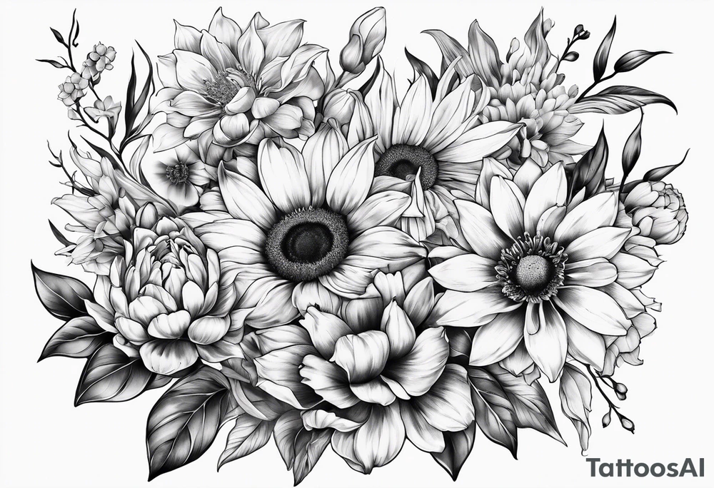 Bouquet with sunflower, lily, peony, cherry blossom and tulip tattoo idea