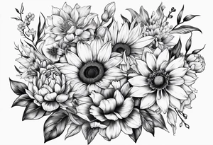 Bouquet with sunflower, lily, peony, cherry blossom and tulip tattoo idea