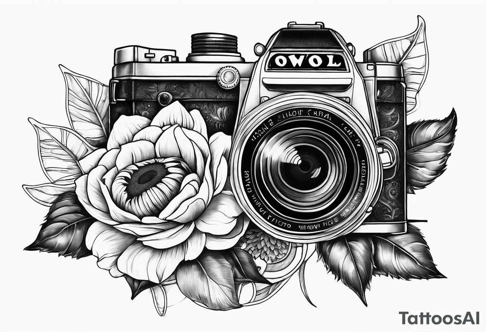 Sunflower, camera, book, owl, flower rose tattoo idea